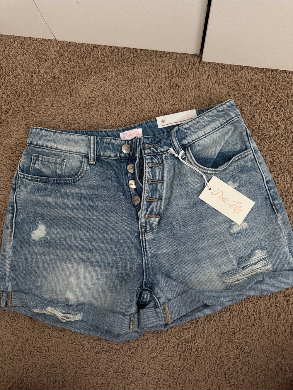 NWT Pink Lily Button-Fly Distressed Jean Shorts - Light Blue